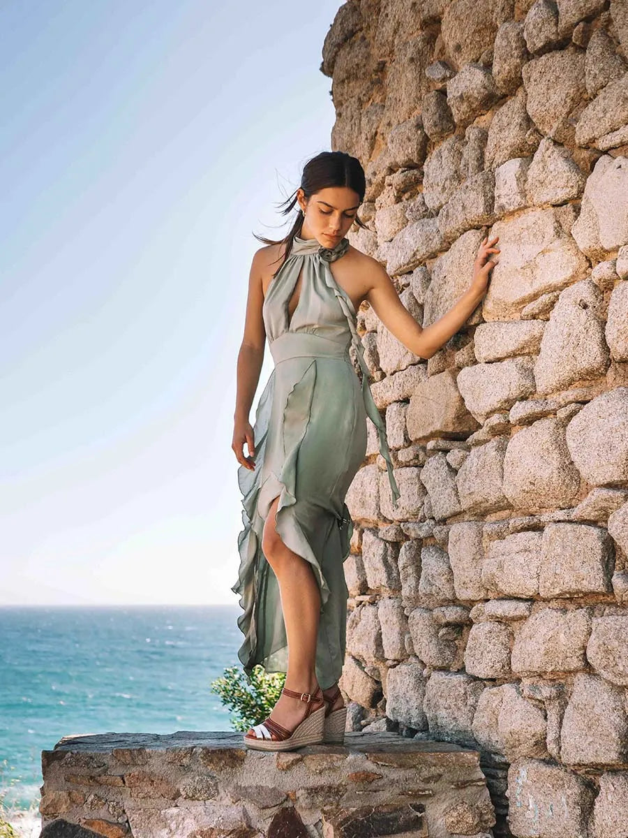 sandalias mujer - Alpargata abierta de mujer en cuero y color platino con cuña | OCTAVIA - Toni Pons