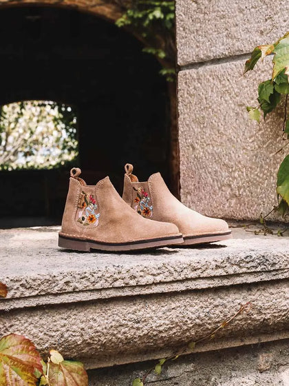 Botines infantil - Botín infantil de serraje con bordados florales | PUBOL - Toni Pons