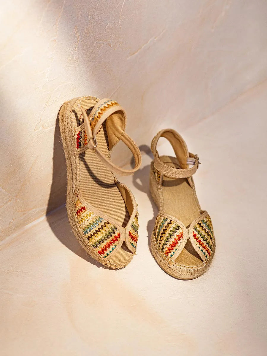 Women's espadrille with medium wedge in multicolour raffia