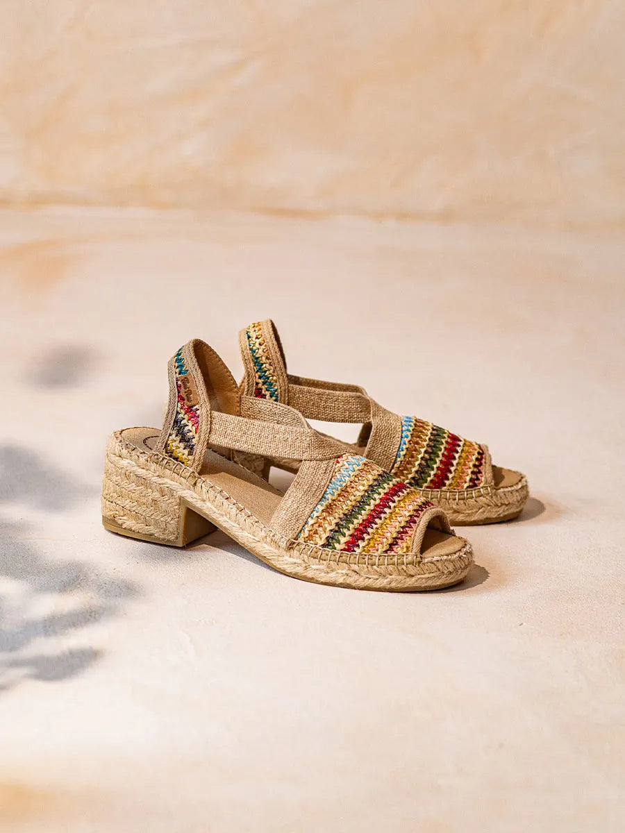 Women's espadrille in multicoloured raffia with wide heel