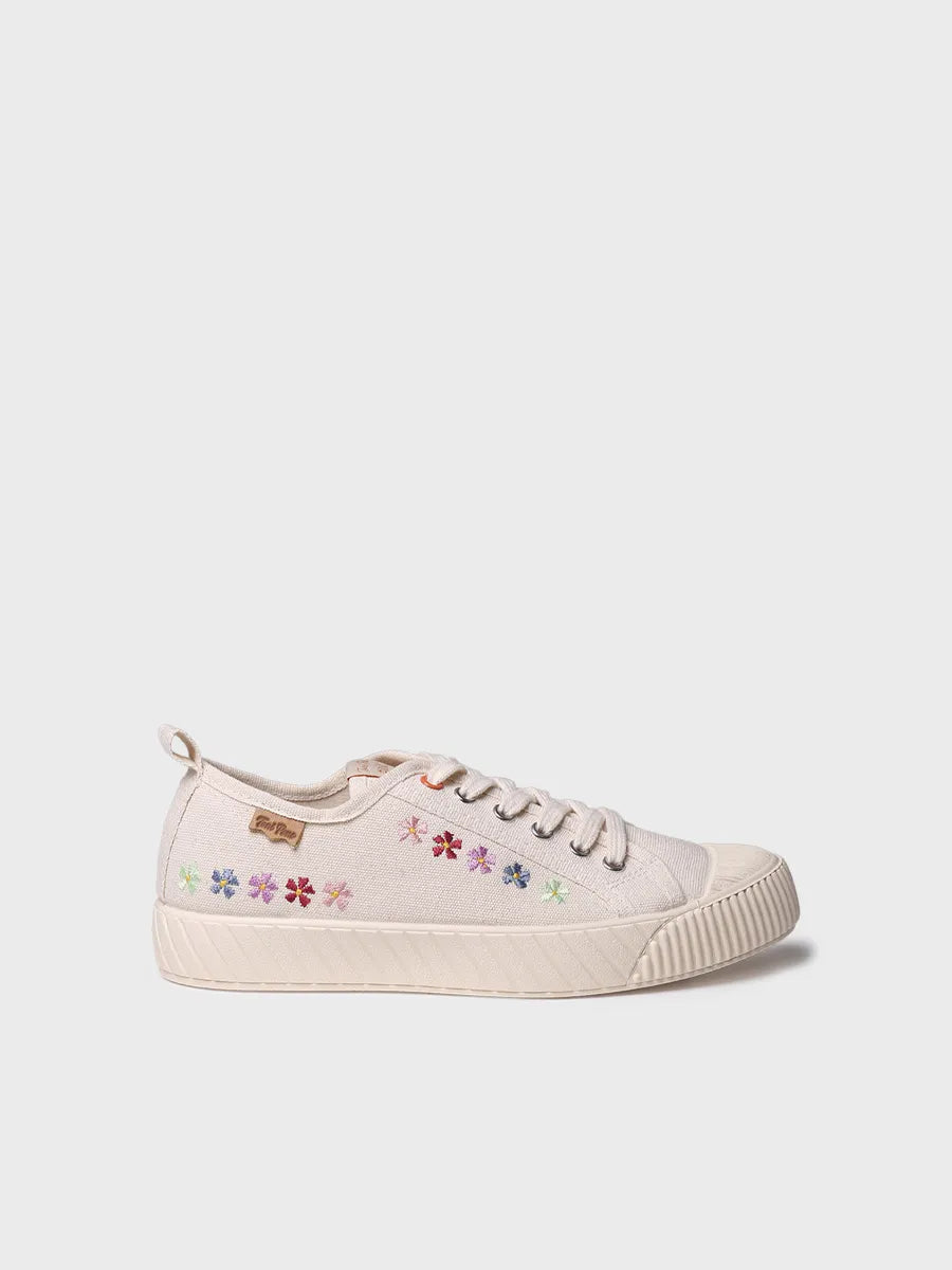 Low-top women's trainer in recycled cotton and embroidery