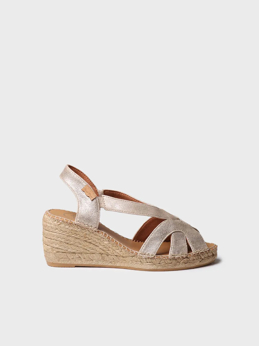 Women's espadrille in metallic leather with wedge and elastics