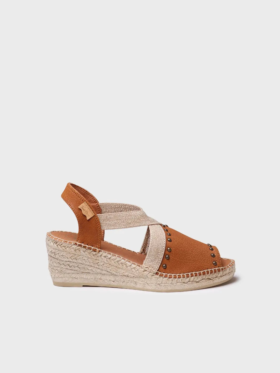 Women's leather espadrille with wedge, studs, and elastics