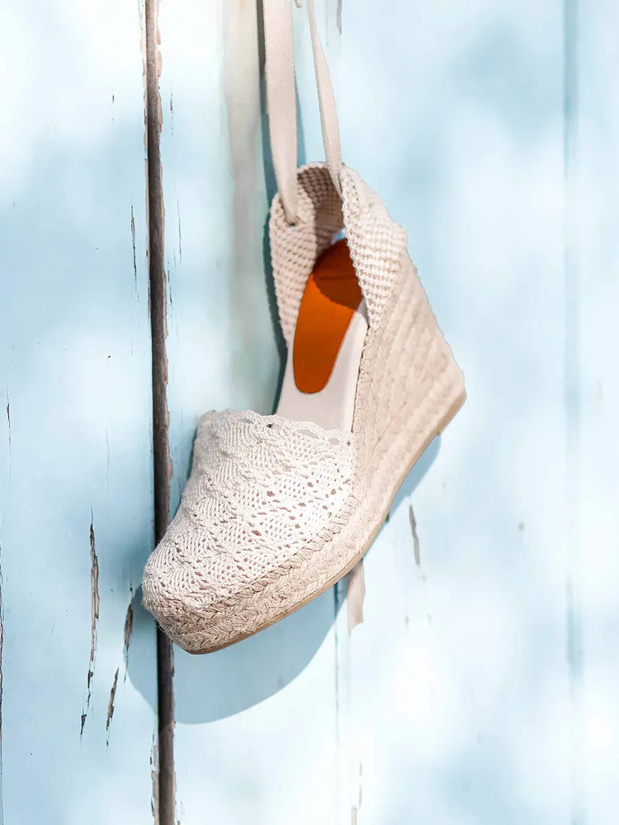 High wedge espadrilles with ribbons in Ecru colour