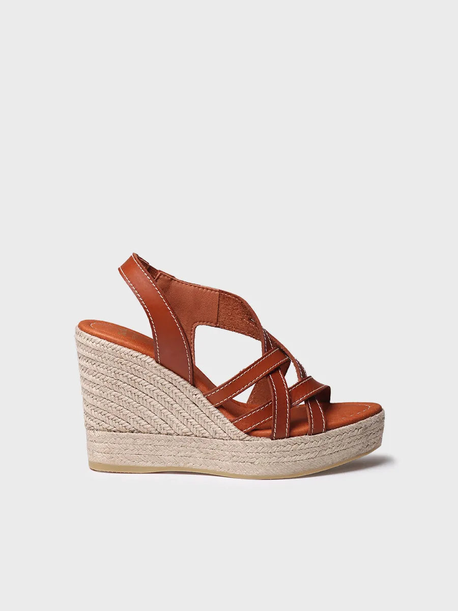 Open espadrille for women in leather with wedge and elastics