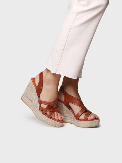 Open espadrille for women in leather with wedge and elastics