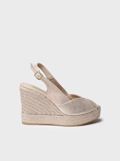 Espadrillas peep toe alte da donna in pelle con zeppa 