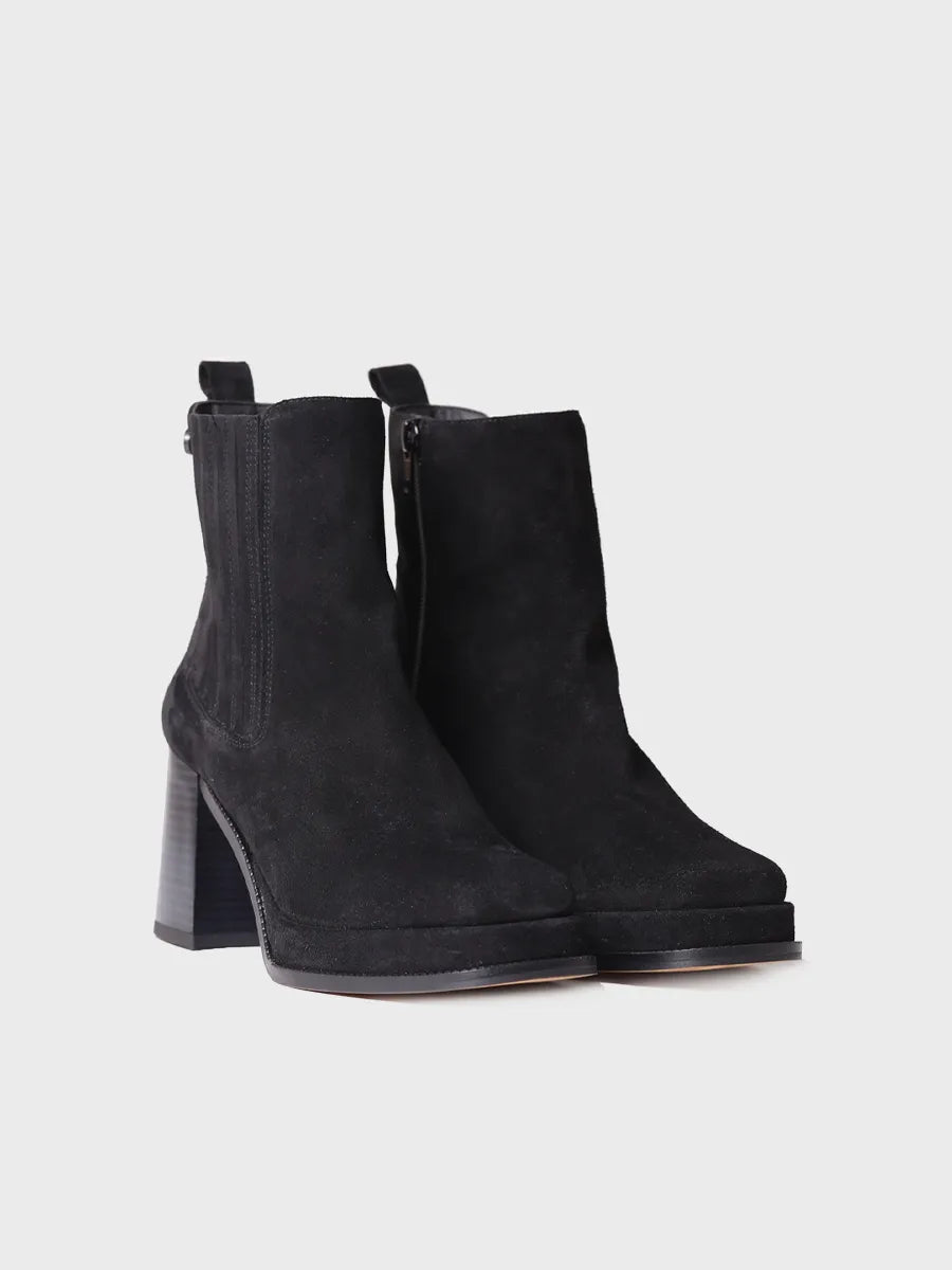 Women's wide-heeled ankle boot in split leather and fabric- ROS-SY