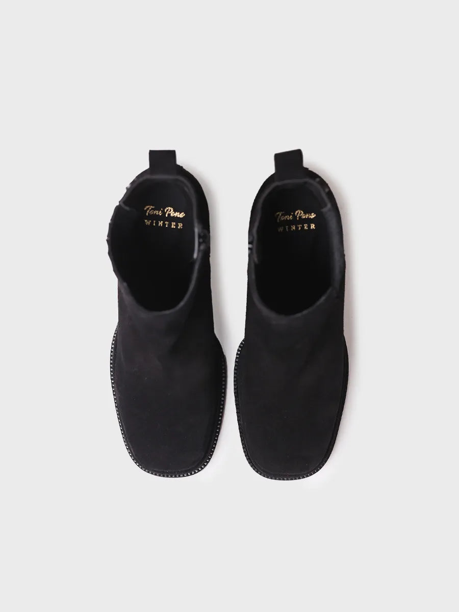 Women's wide-heeled ankle boot in split leather and fabric- ROS-SY