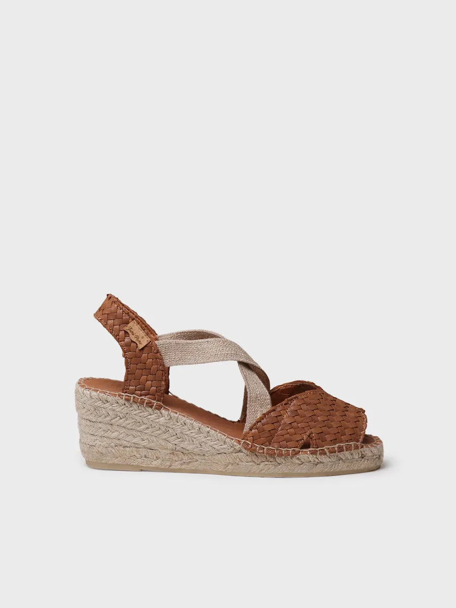 Espadrillas aperte da donna in pelle intrecciata con zeppa 