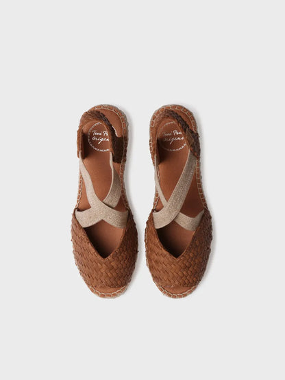 Espadrillas aperte da donna in pelle intrecciata con zeppa 