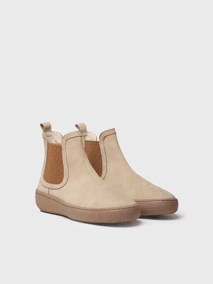 Women's nubuck leather ankle boots with side elastic in beige 