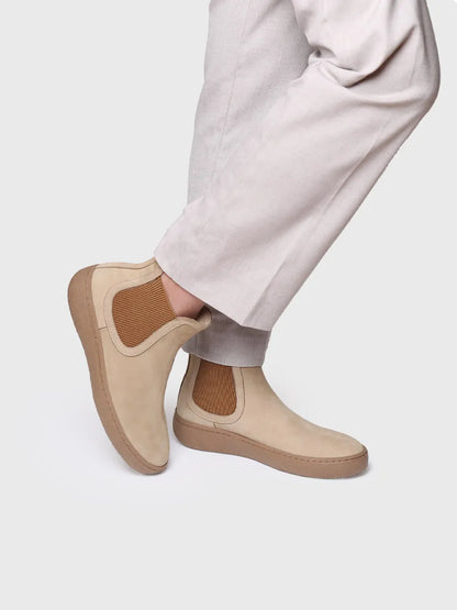 Women's nubuck leather ankle boots with side elastic in beige 