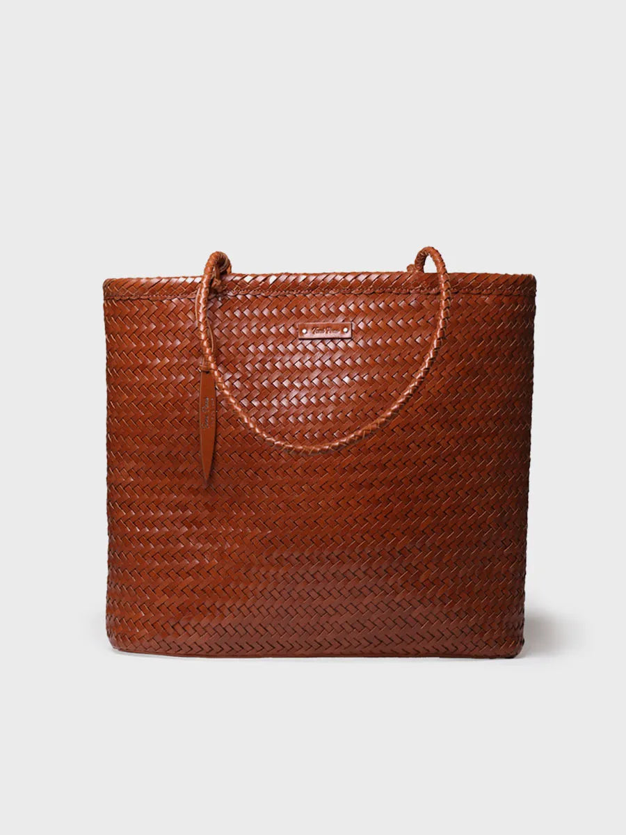 Shopper bag in woven leather with interior pocket