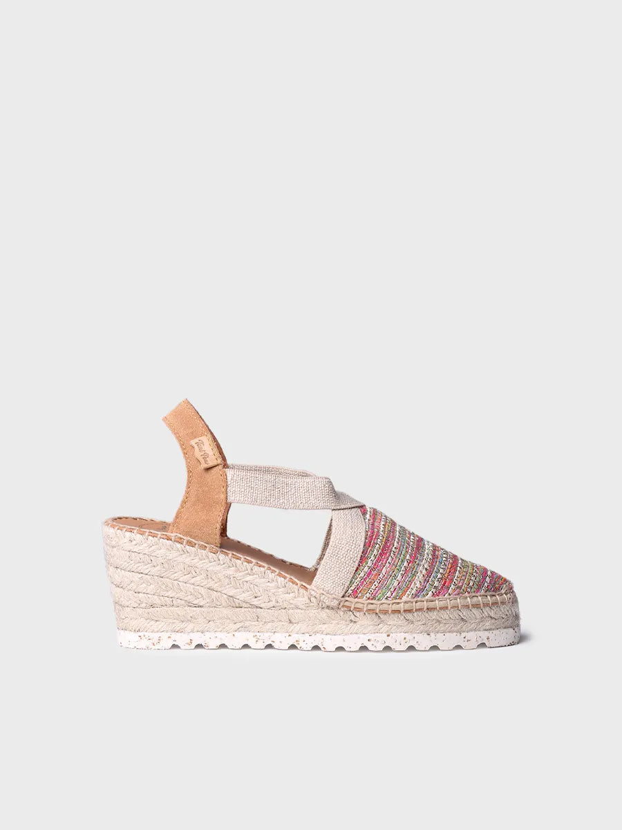 Espadrille à talon compensé moyen en tissu multicolore 