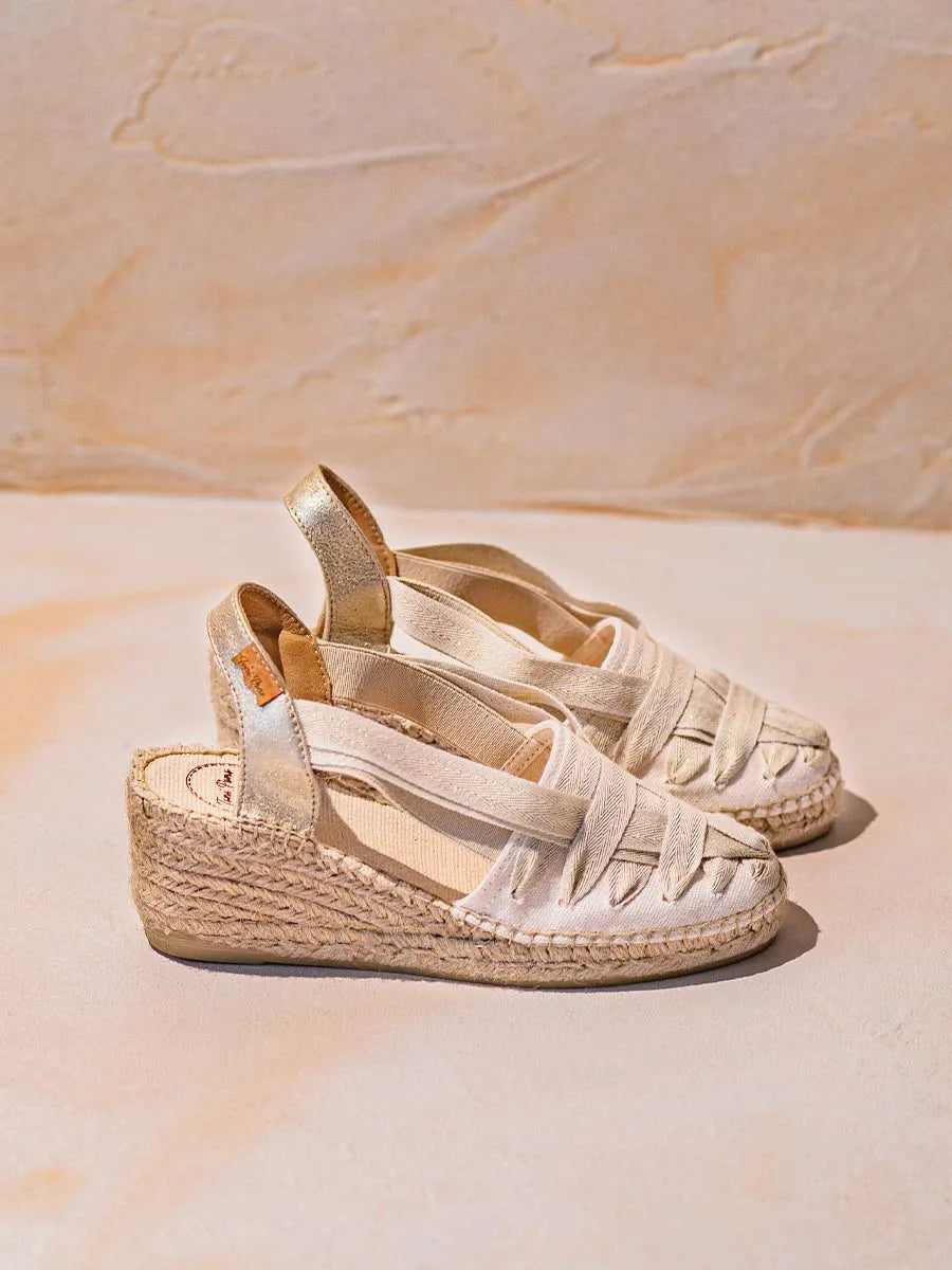 Women's espadrille in raw cotton with wedge and ribbons