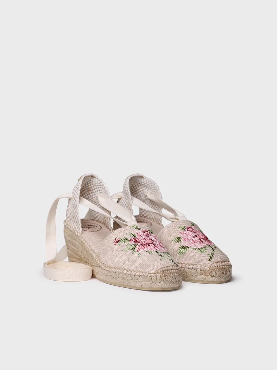 Women's vegan espadrille in cotton with embroidery and wedge