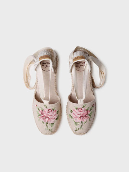 Women's vegan espadrille in cotton with embroidery and wedge