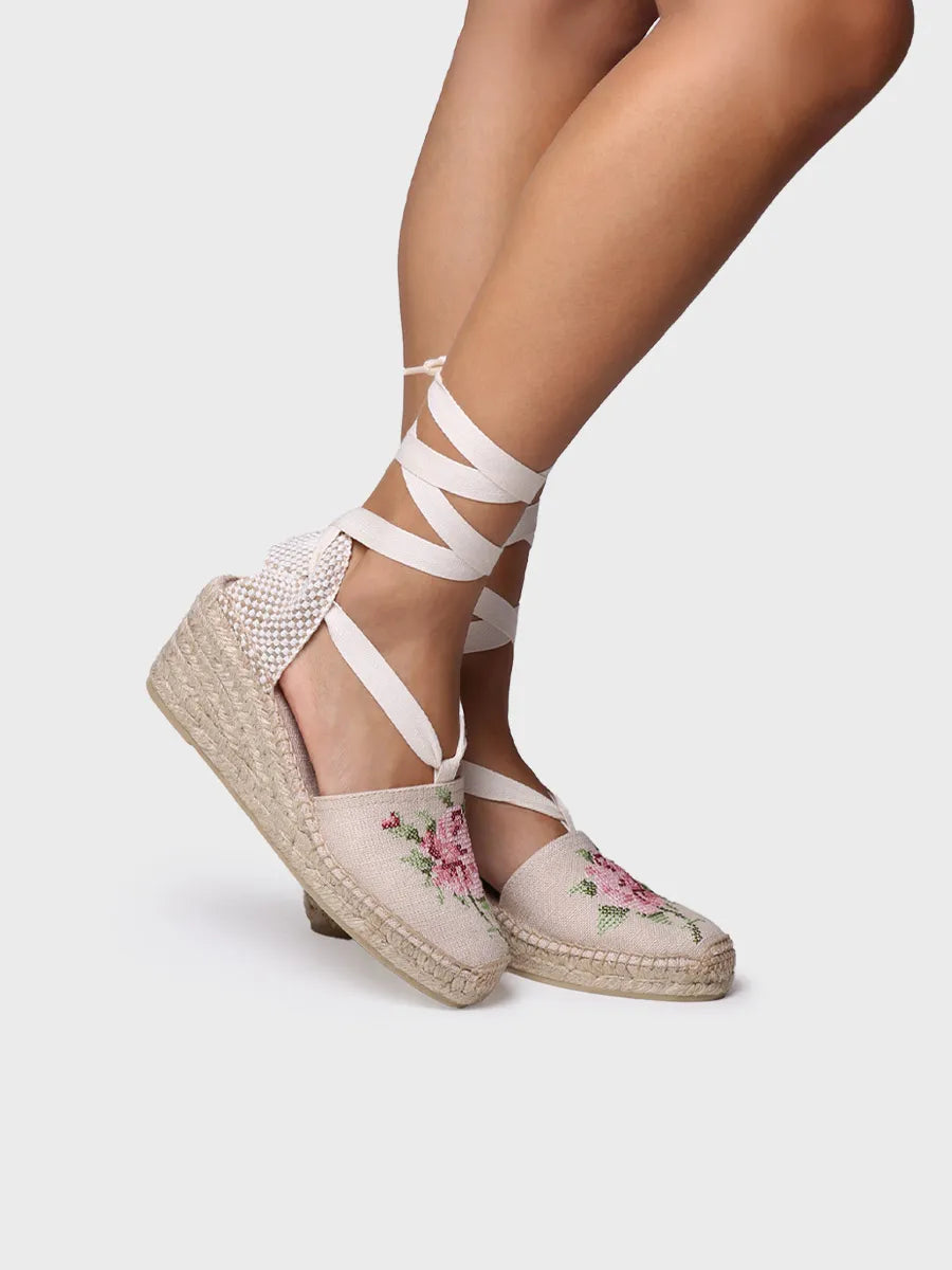 Women's vegan espadrille in cotton with embroidery and wedge