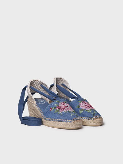 Women's vegan espadrille in cotton with embroidery and wedge