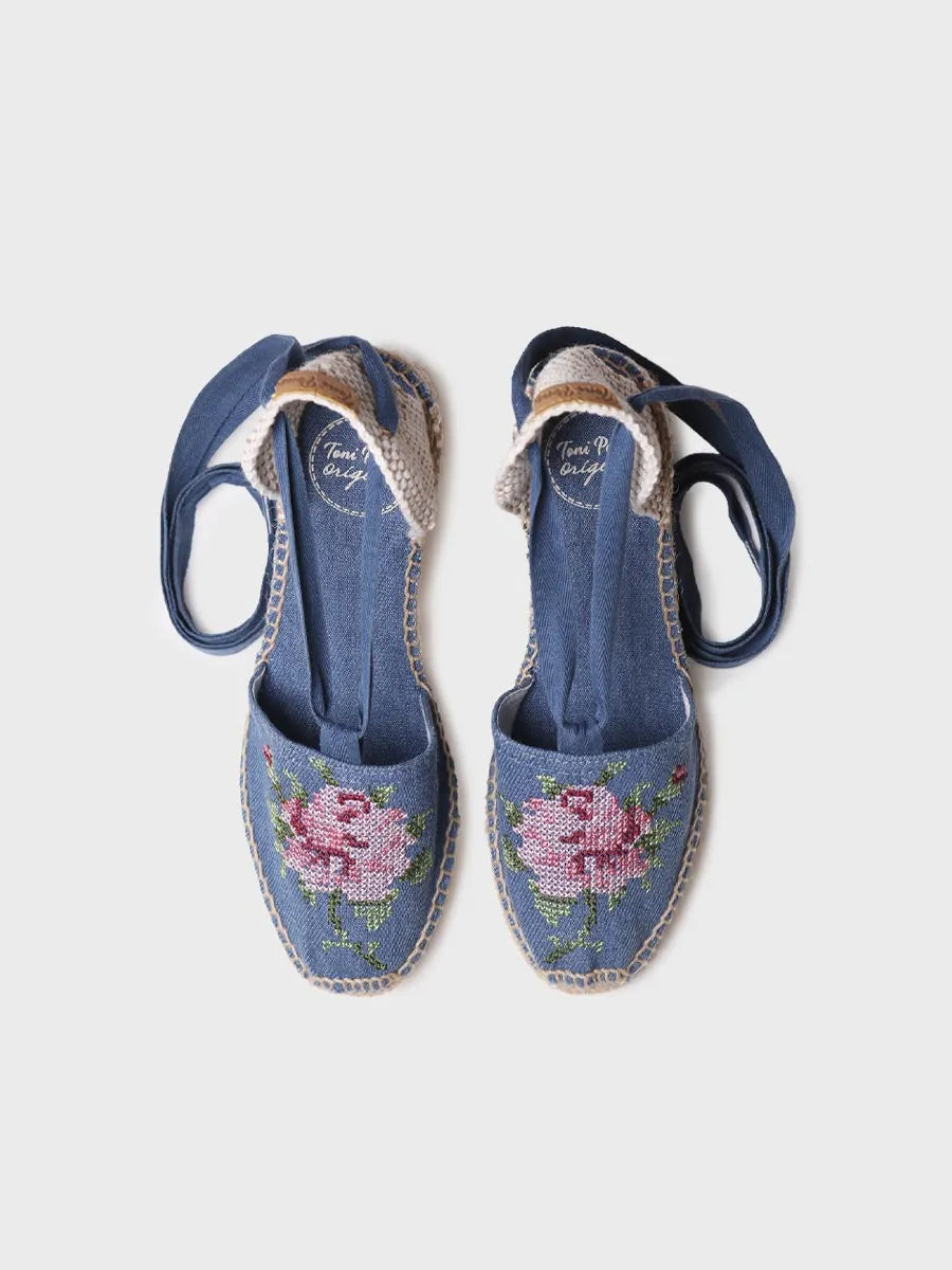 Women's vegan espadrille in cotton with embroidery and wedge