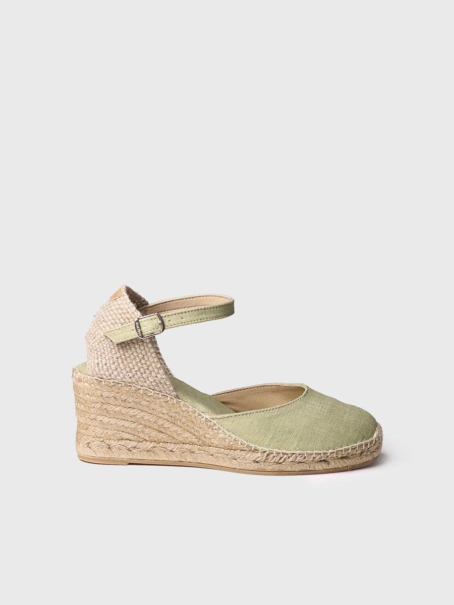 Jute wedge with buckle in Olive colour - CALDES