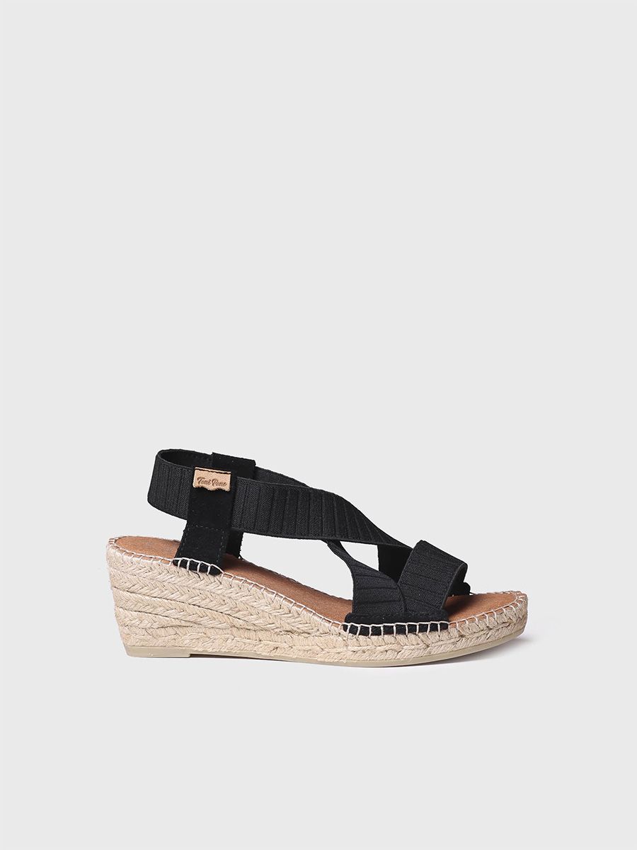 Wedge sandal with elastic straps in Black colour - TURA-TR