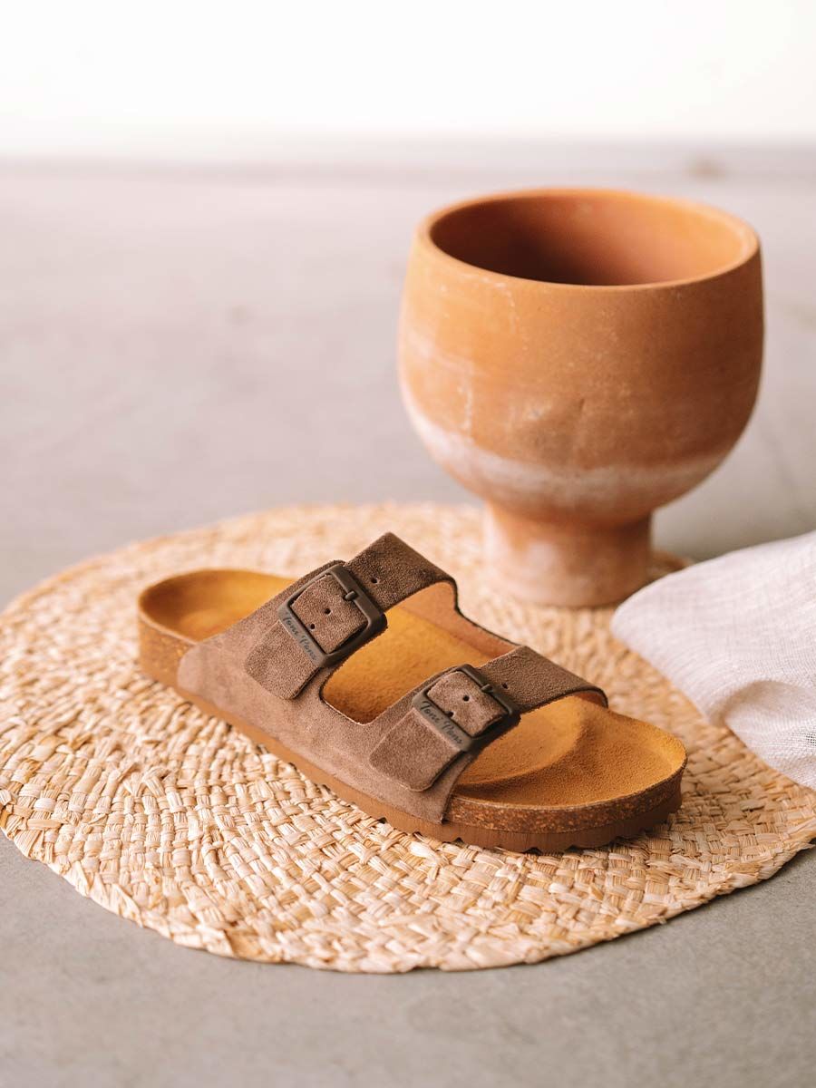 Women's sandal with double buckle in Taupe colour - GHANA-QT