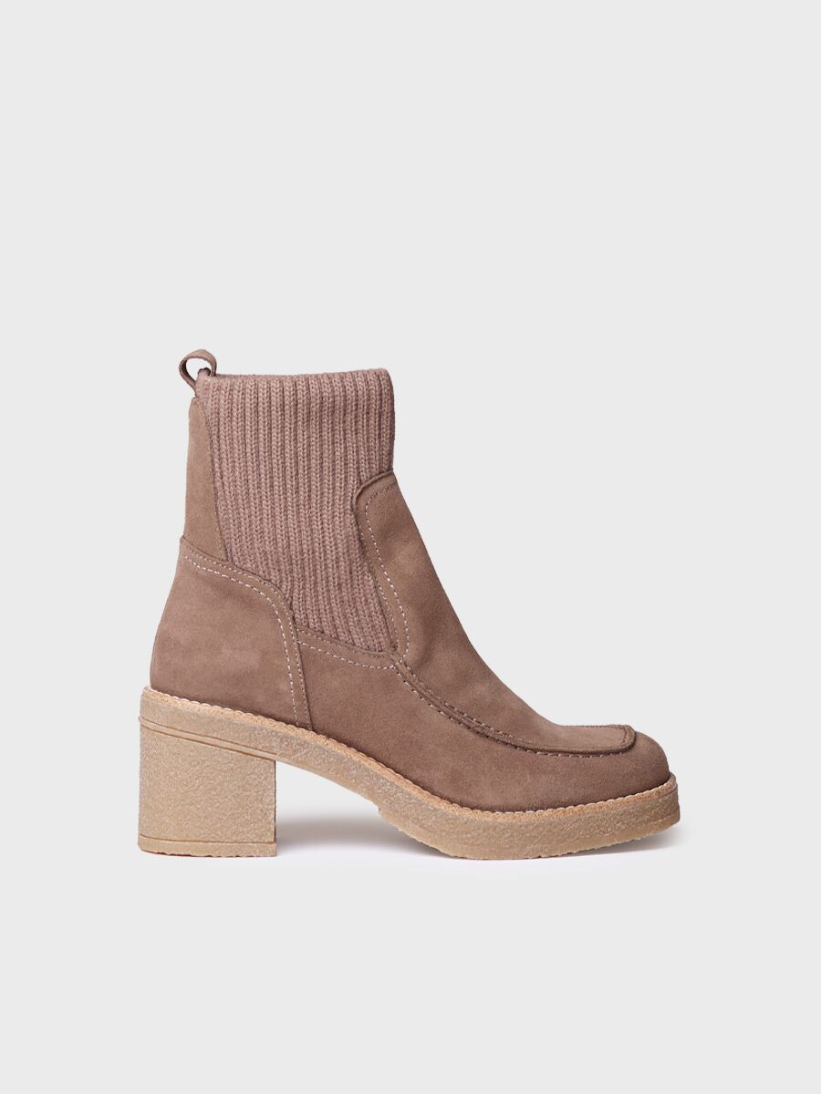Women's Wide Heel Ankle boot in Suede and Knit Fabric in Taupe - PRAGA-SY