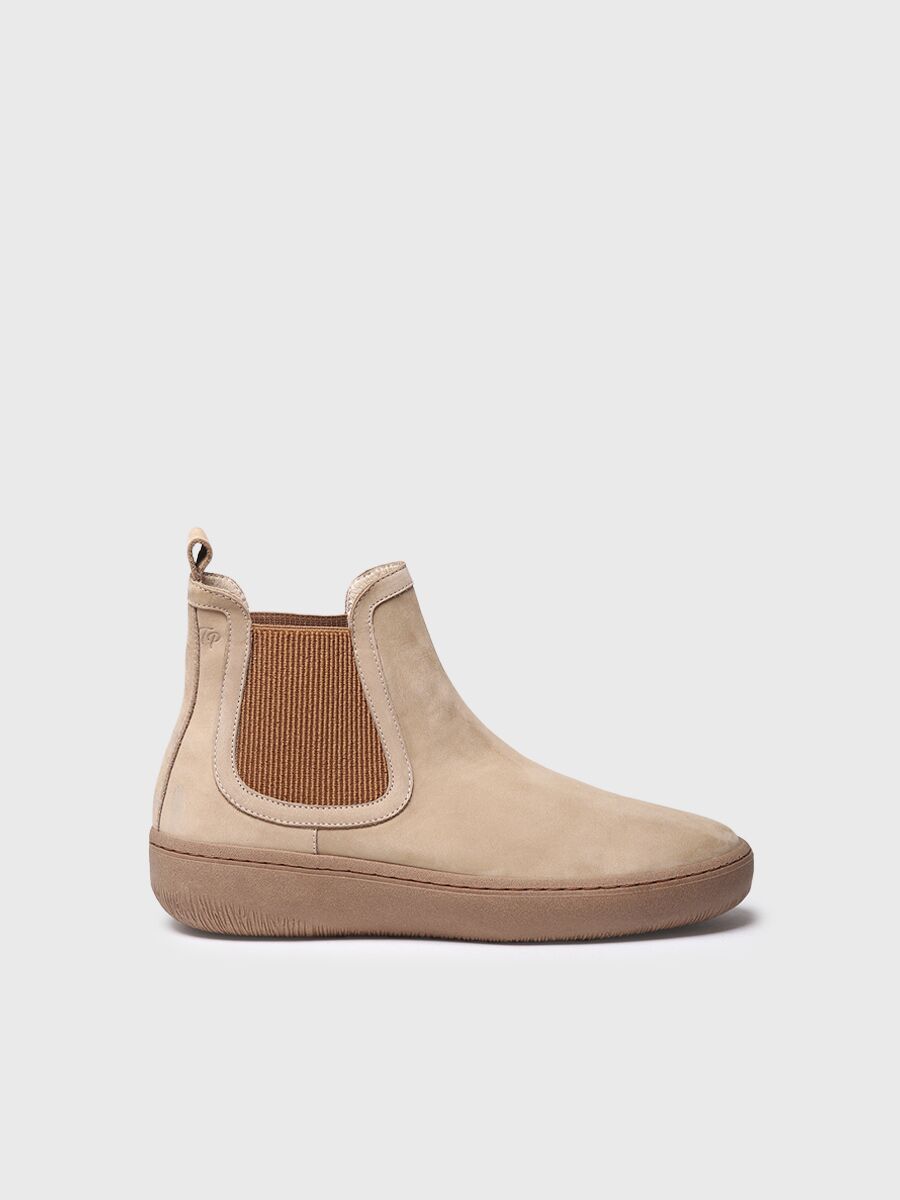 Women's nubuck leather ankle boots with side elastic in beige - SERRA