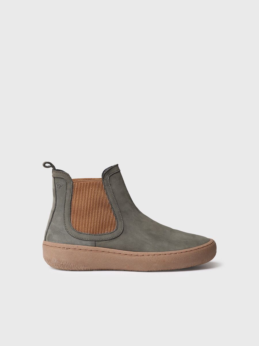 Women's nubuck leather ankle boots with side elastic in khaki - SERRA