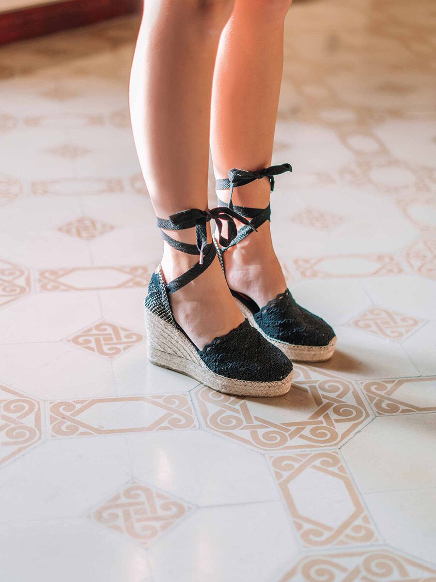 High wedge espadrilles with ribbons in Black colour - MARTINA