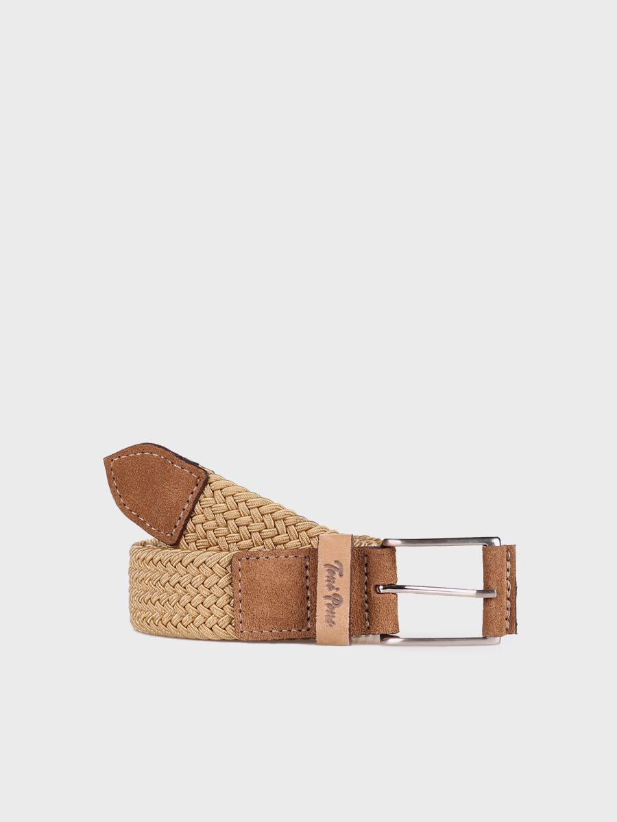 Men's tan fabric and leather belt - ERIC