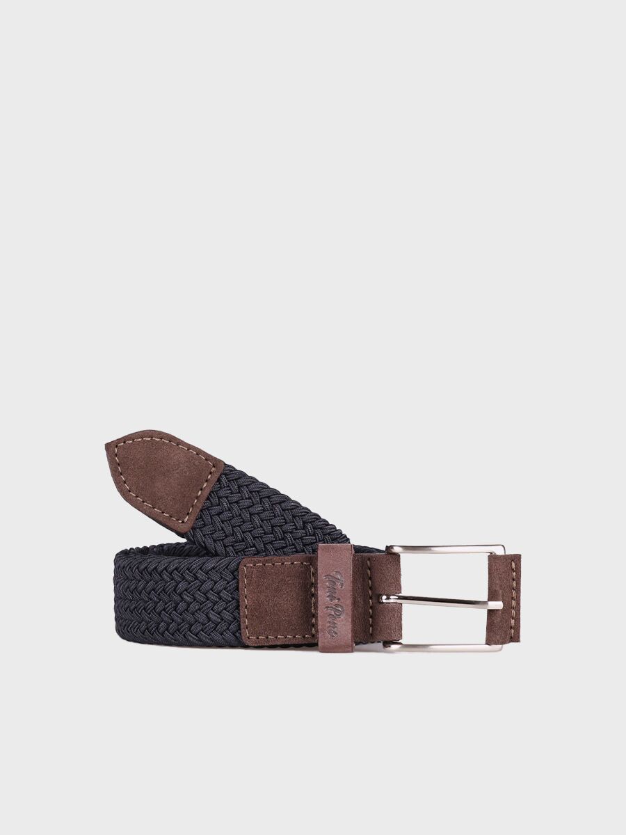 Men's navy blue fabric and leather belt - ERIC