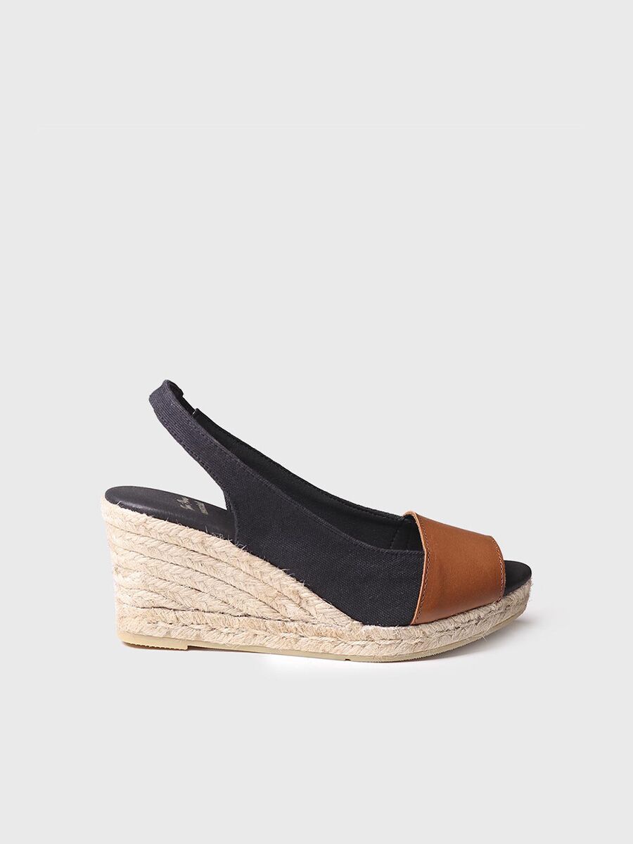 Wedge espadrilles with leather detail in Black colour - MARINA