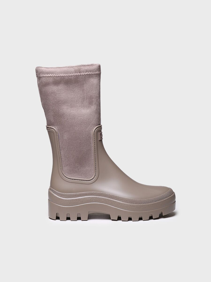 Women's Waterproof Rubber and Lycra Ankle Boot with Suede Effect in Taupe - CESENA