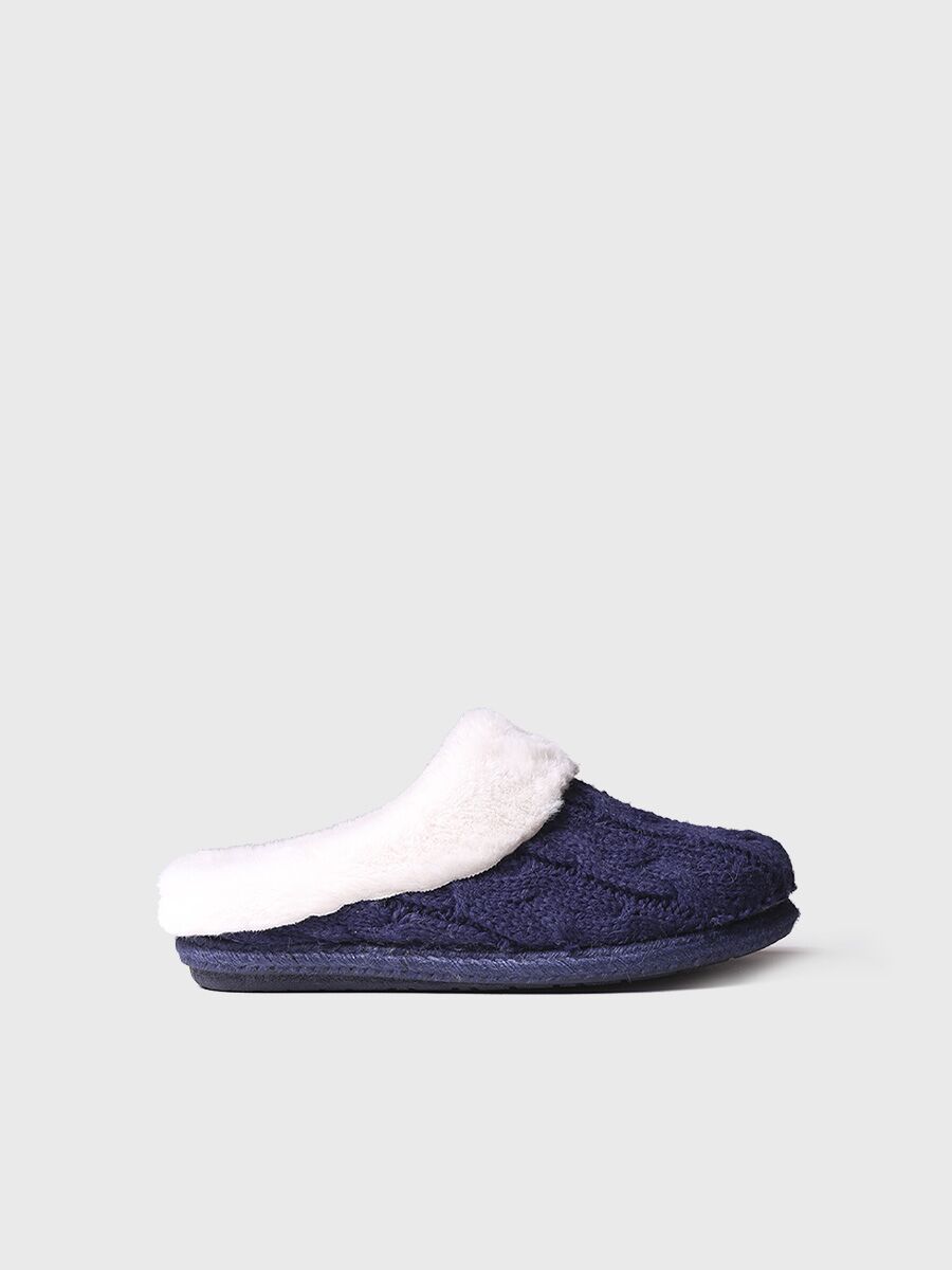 Women's slippers in braided fabric and synthetic fur in Navy - DELI-SC