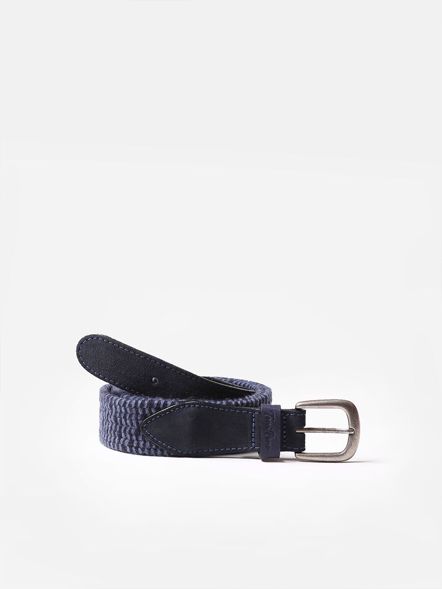 Men's belt in leather and woolly fabric in Navy - ELVIS