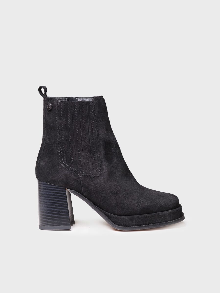 Women's Wide Heel Ankle boot in Suede and Knit Fabric in Black - ROS-SY
